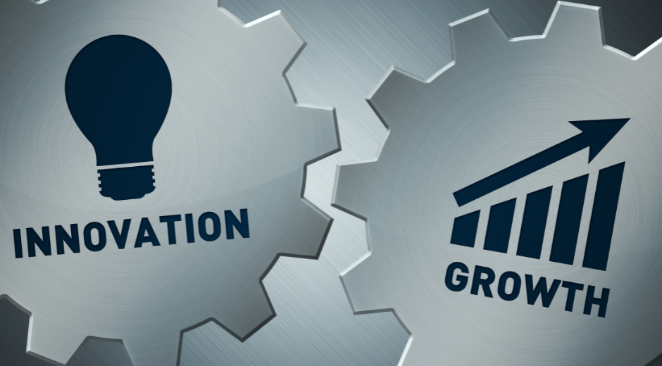 Two metal gears with icons for a lightbulb labeled innovation and an upward bar chart labeled growth.