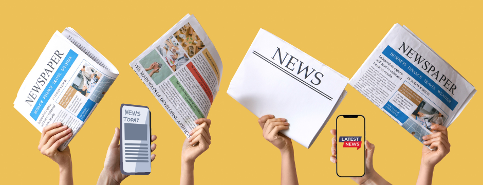 Hands holding newspapers and phones against a yellow background.